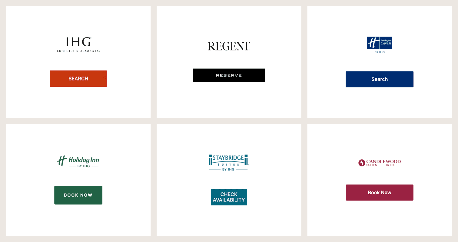 Booking buttons across six IHG brands, each with its own color and style