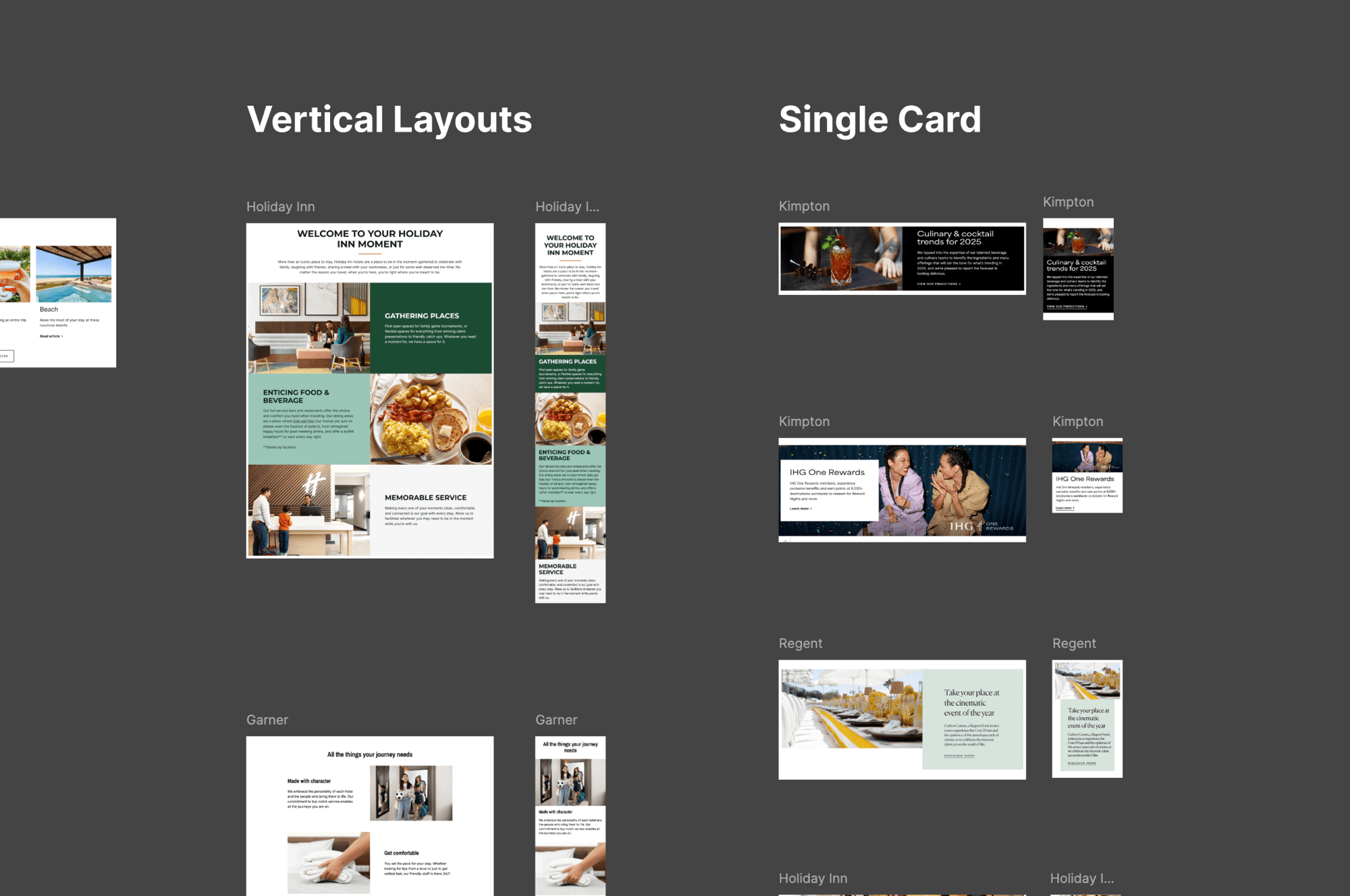 Content component inventory showing vertical layout and single card patterns across Holiday Inn, Garner, Kimpton, and Regent
