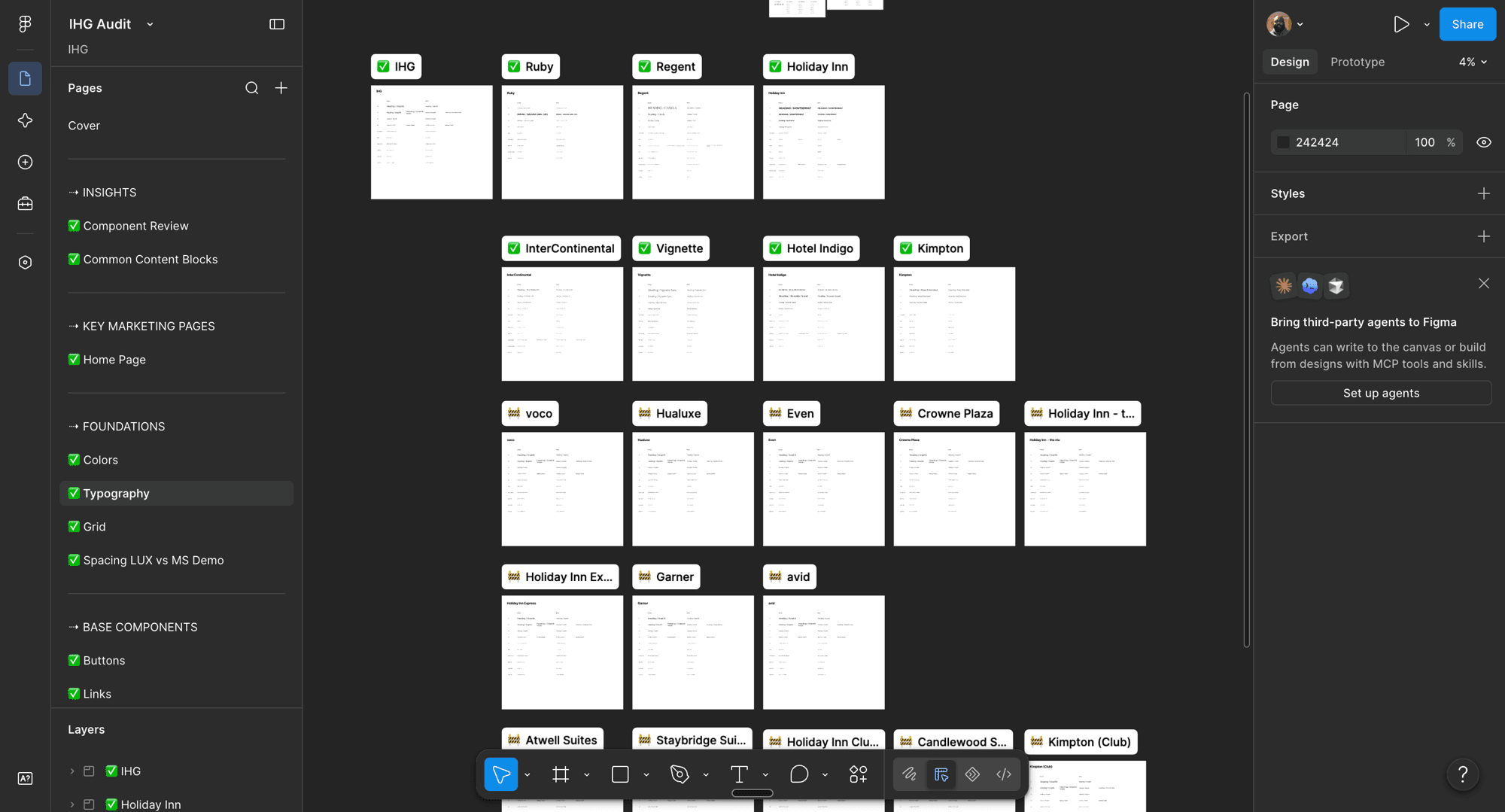 The IHG audit file in Figma, with typography frames for every brand from IHG to Kimpton
