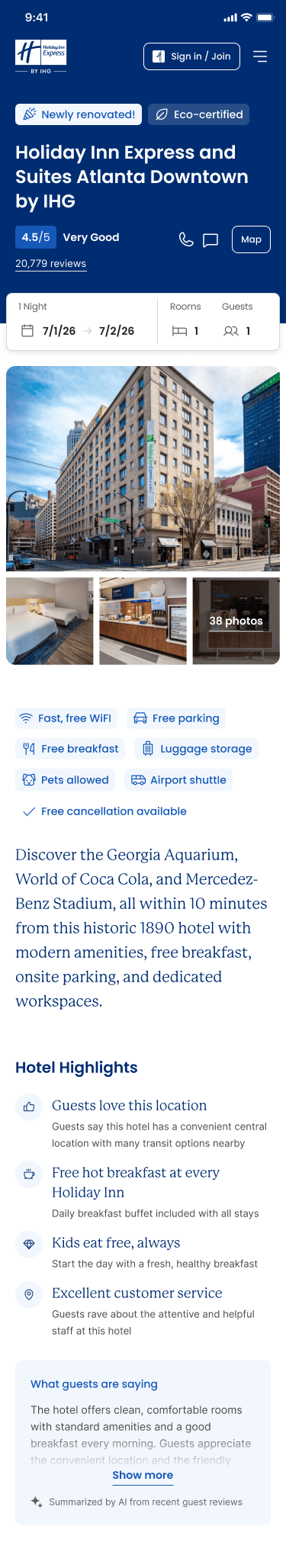 Holiday Inn Express hotel page on mobile