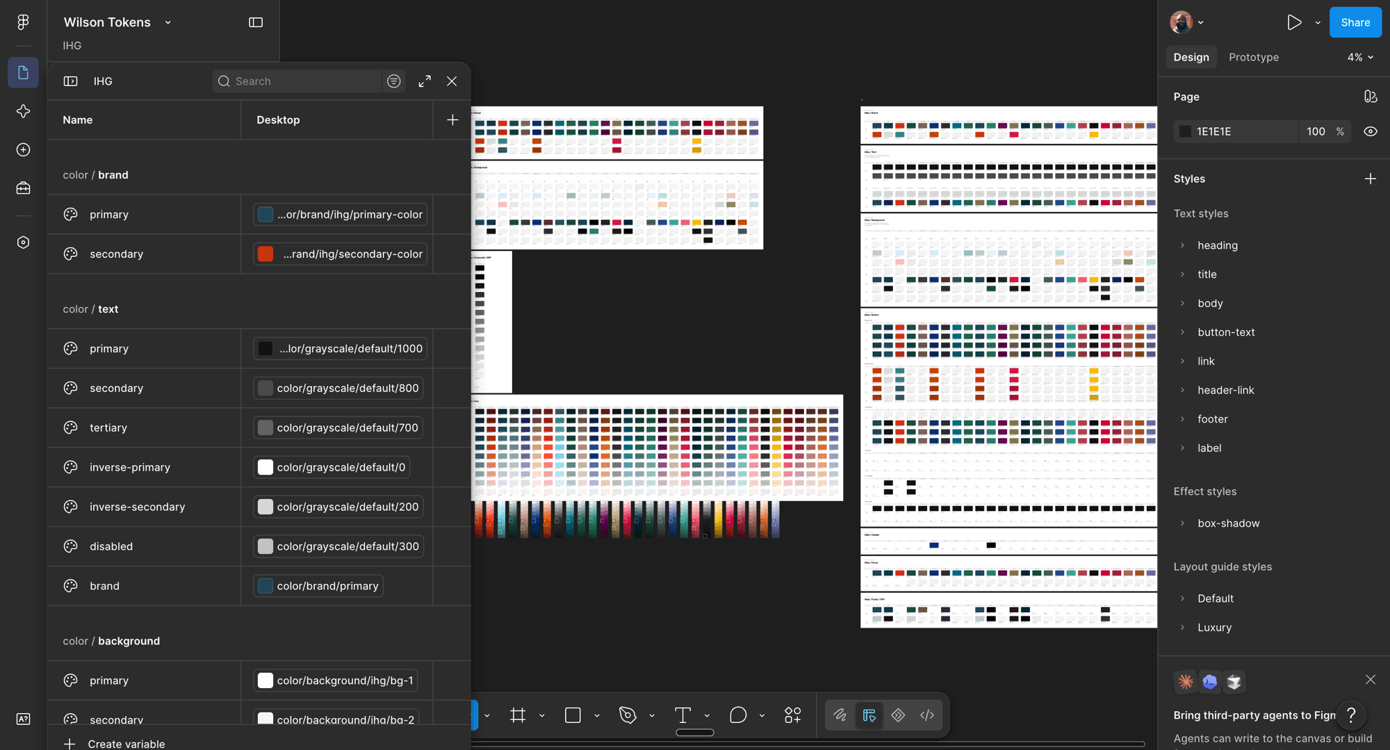 Figma variables panel with alias tokens for brand, text, and background colors, next to per-brand token sheets
