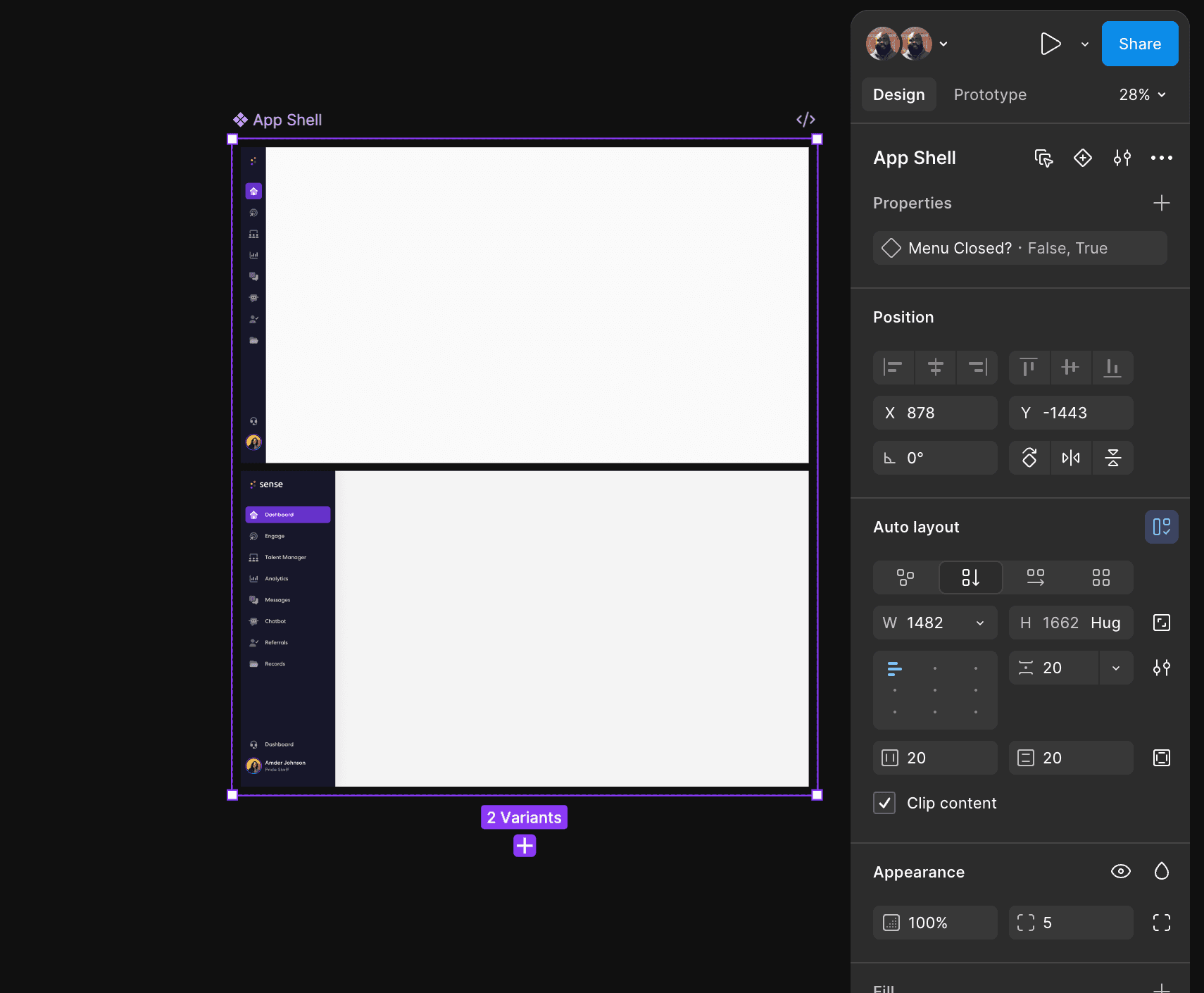 The App Shell component in Figma with expanded and collapsed navigation variants