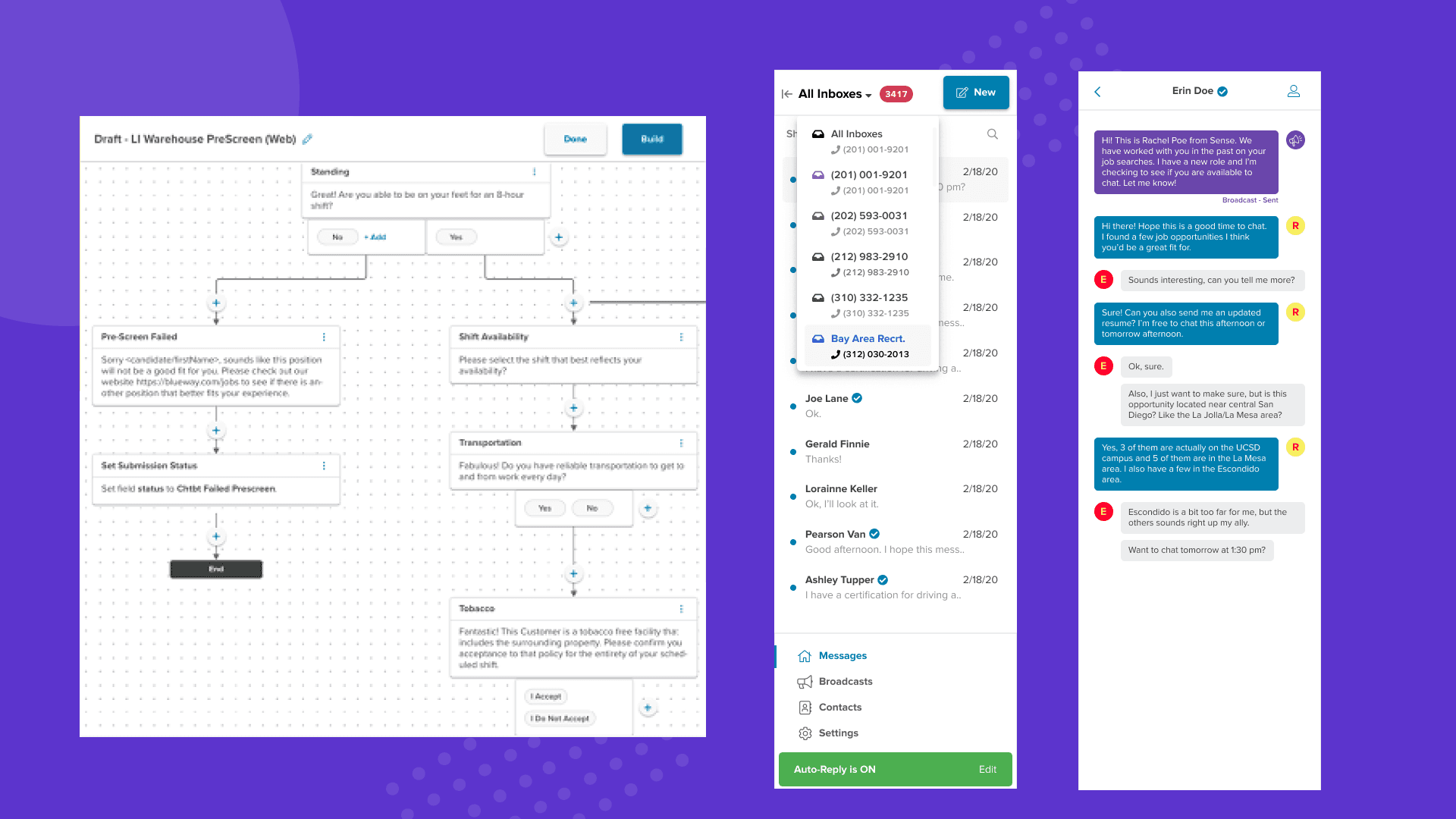 Sense products before the transformation: a workflow builder, a messaging inbox, and a candidate chat, each with its own look