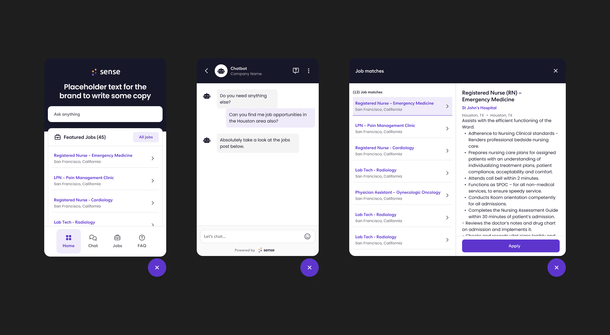 The Sense recruiting chatbot widget: a branded home with featured jobs, a chat conversation, and job matches with an apply flow