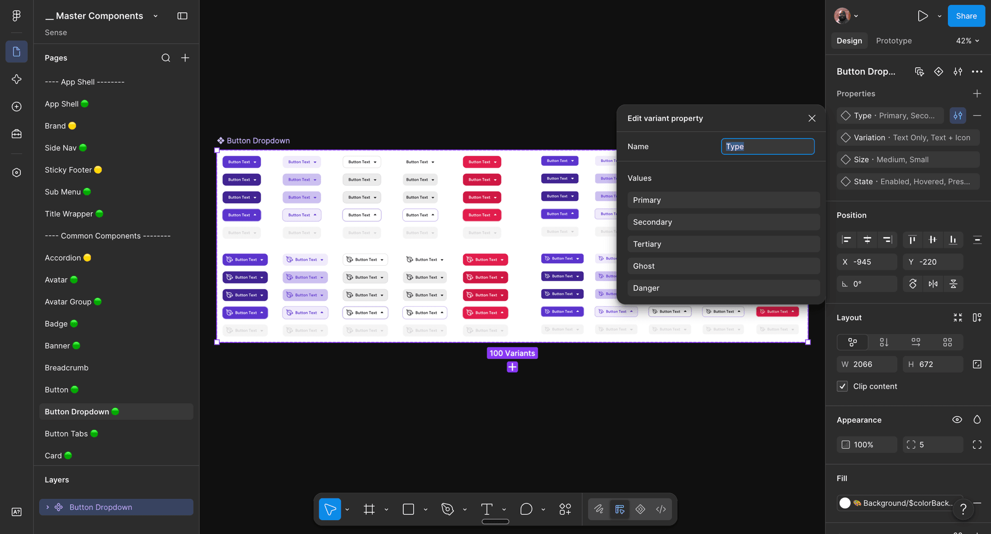 The Genesis master components file in Figma, a Button Dropdown component with variants across type, size, and state