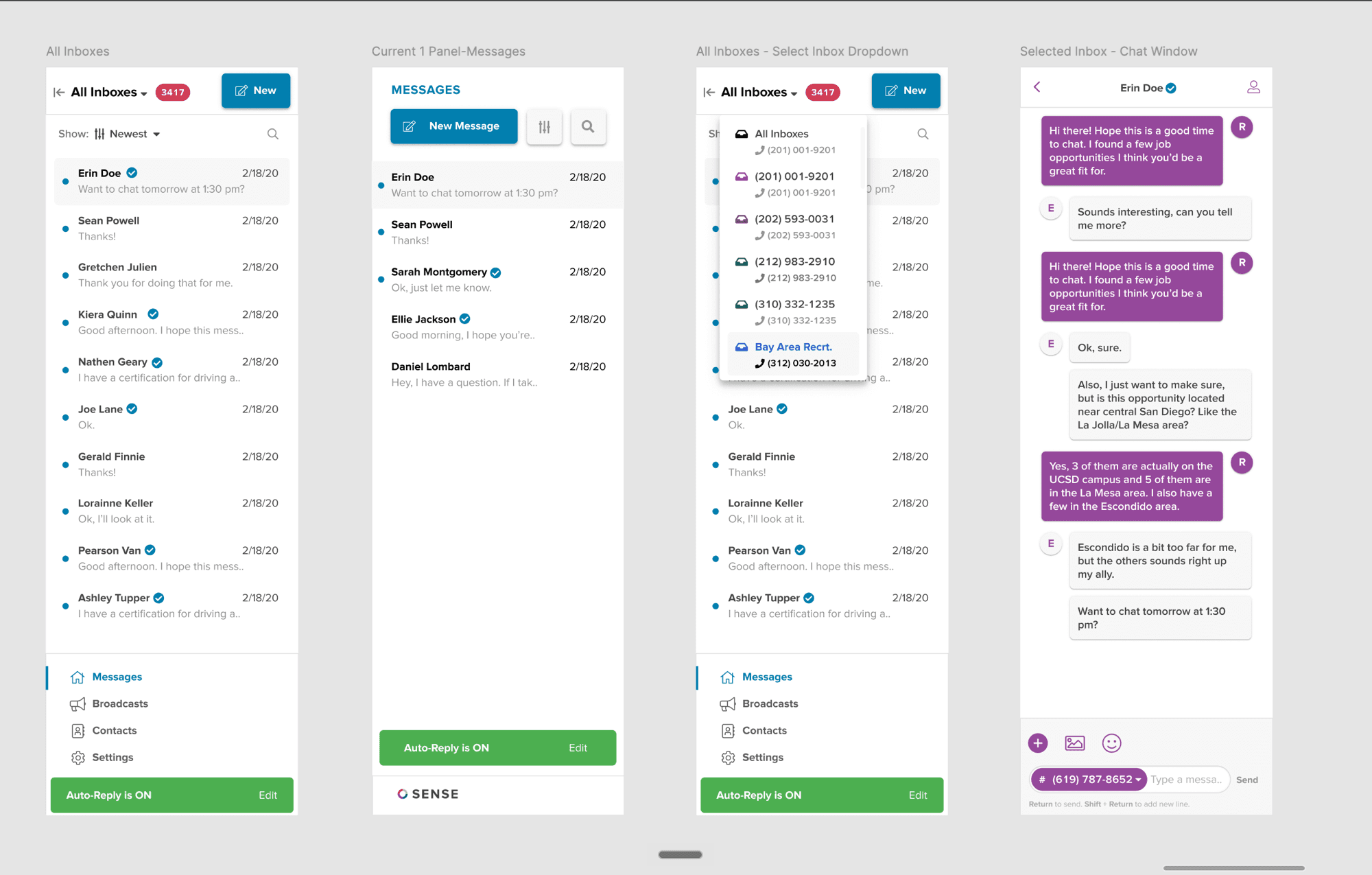 The old Sense mobile app: inbox, messages, and chat screens in the legacy visual style