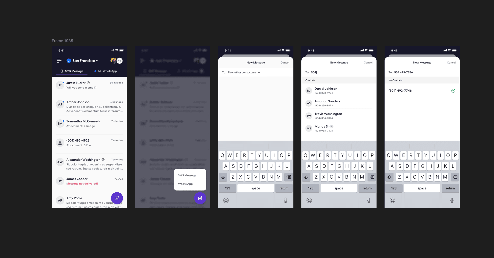 The rebranded Sense mobile app: SMS and WhatsApp messaging flows in the new design language