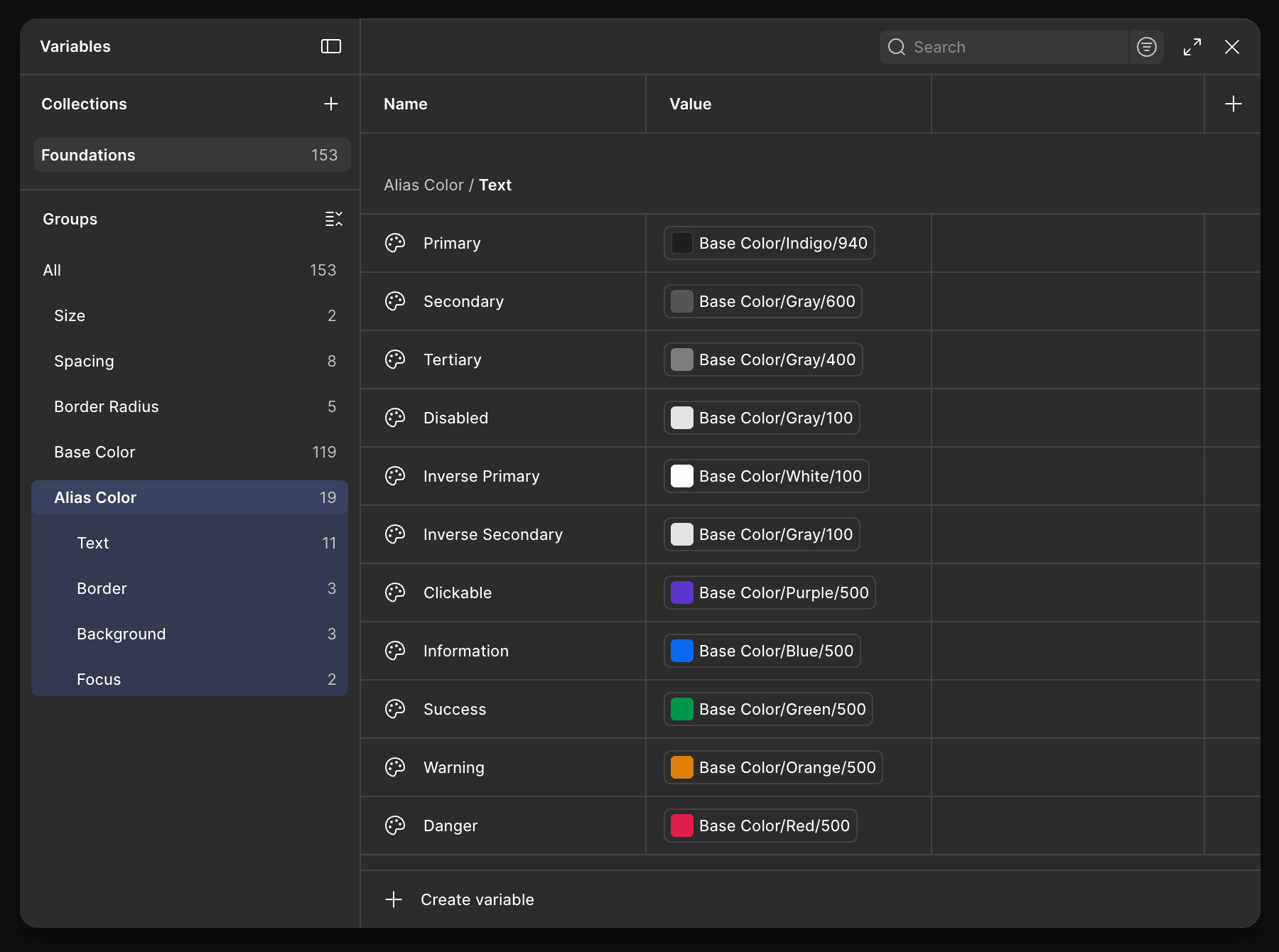 The Foundations variable collection in Figma, alias color tokens for text resolving to base color primitives