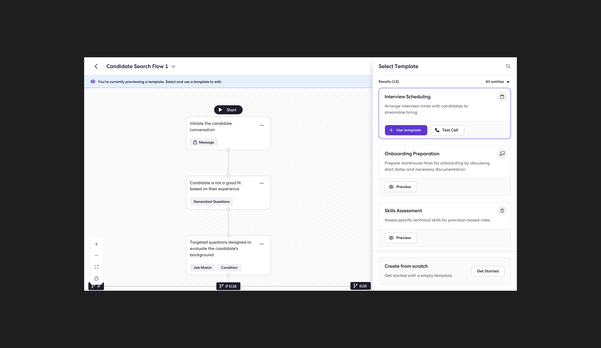 The Voiceflow builder with a candidate search flow on the canvas and a template picker for interview scheduling, onboarding, and skills assessment