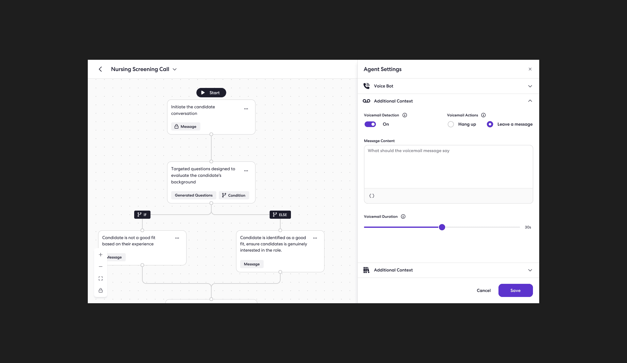 A nursing screening call flow with agent settings for voicemail detection, message content, and duration