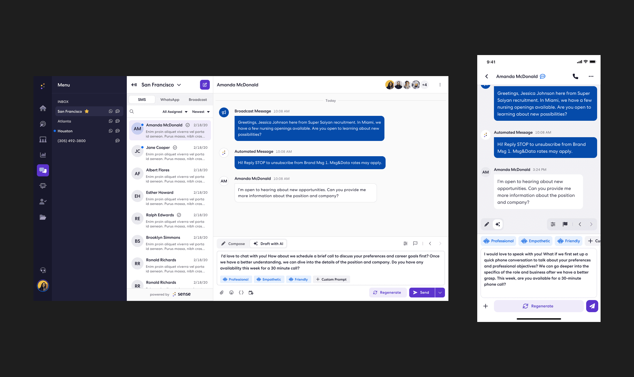 Draft with AI in Sense messaging on desktop and mobile, with tone options and a regenerate action